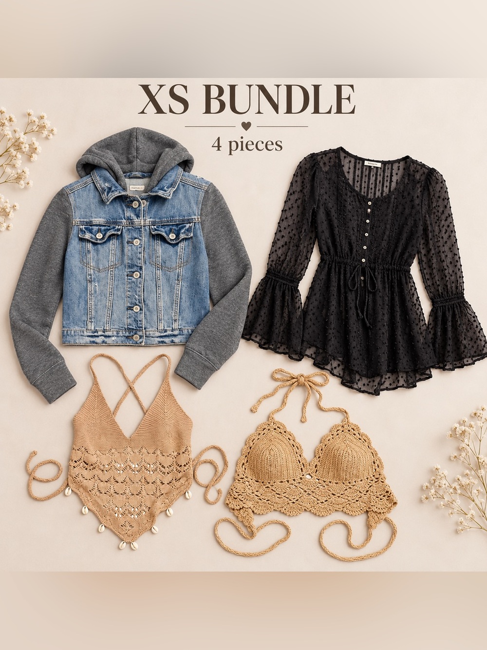 XS Boho Y2K Festival Bundle Hollister Kimchi Blue Crochet Tops 4 Piece